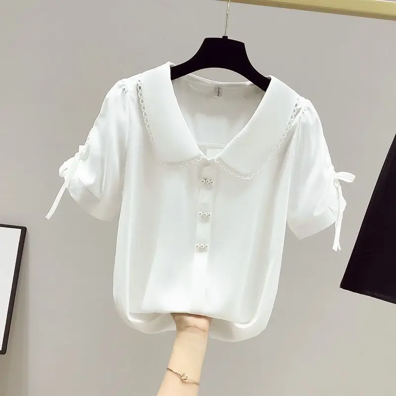 Alternative view of Blusa de Satén para Mujer - Cuello Peter Pan, Botones de Perla, Manga Corta, Puños con Lazo