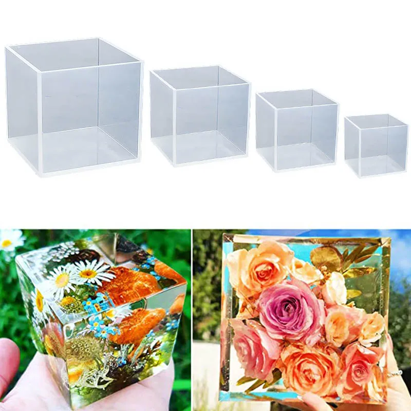 Large Square Resin Molds Upgraded Cube Silicone Molds for Resin Casting with Wooden Support for Home Decor Flowers Preservation