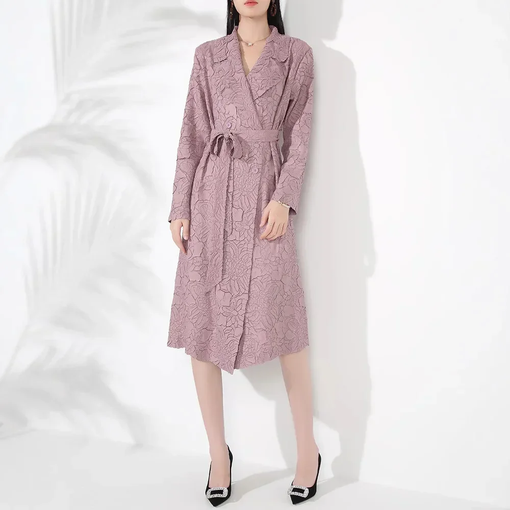 Miyake Pleated High-end Suit Collar Double-breasted Heavy-duty Embossed Windbreaker Feminine Style Waist-strap Mid-length Coat