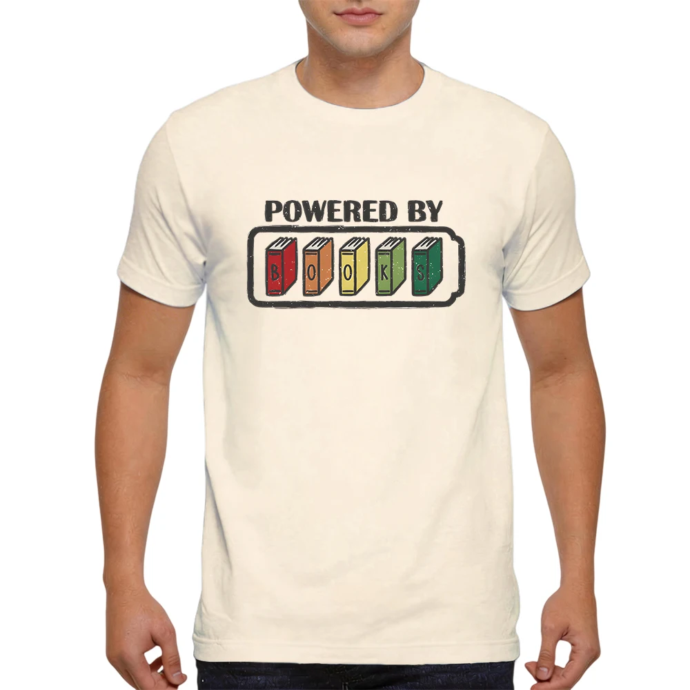 Mens 100% Cotton T Shirt Powered By Books Book Lover Battery Shape Retro Distressed Print Breathable Short Sleeve Daily Wear