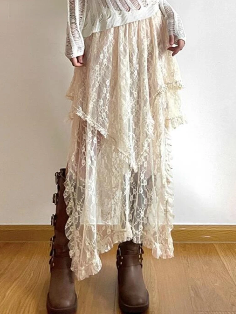 Asymetryczne koronkowe spódnice damskie letnia odzież miękka 2000s odzież w stylu vintage Streetwear Y2k modny styl Boho luźne damskie Party