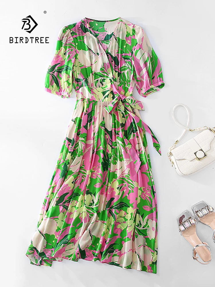 

BirdTree, 100%Real Silk Elegant Dresses, Women V Neck Lace-up Flower Printed, French Chic Party Dress, 2024 Summer New D44627QC