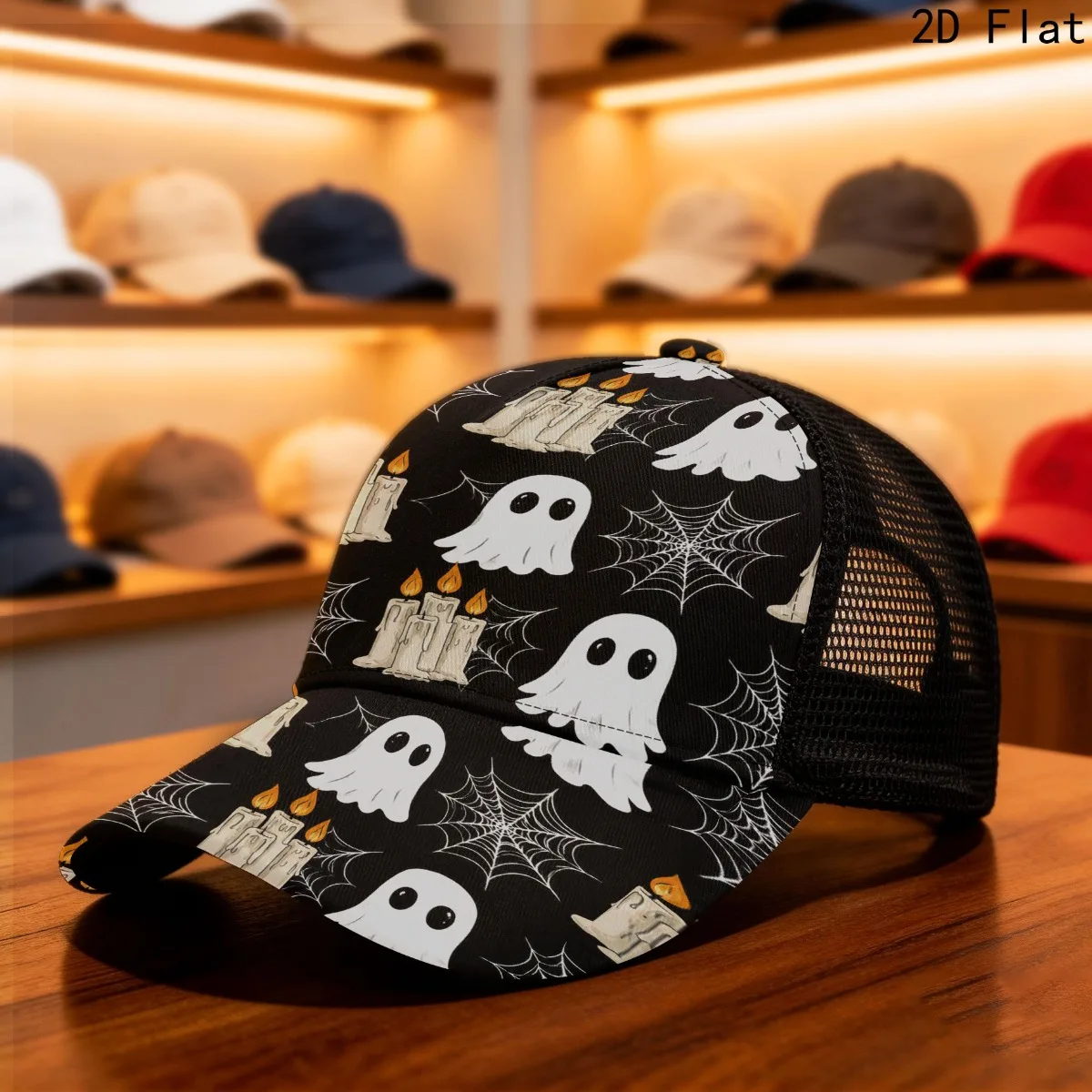 2D Flat Halloween Sporty Mesh Cap Festive Ghosts Candles and Webs Print, Hand Washable Durable Cloth Street Style