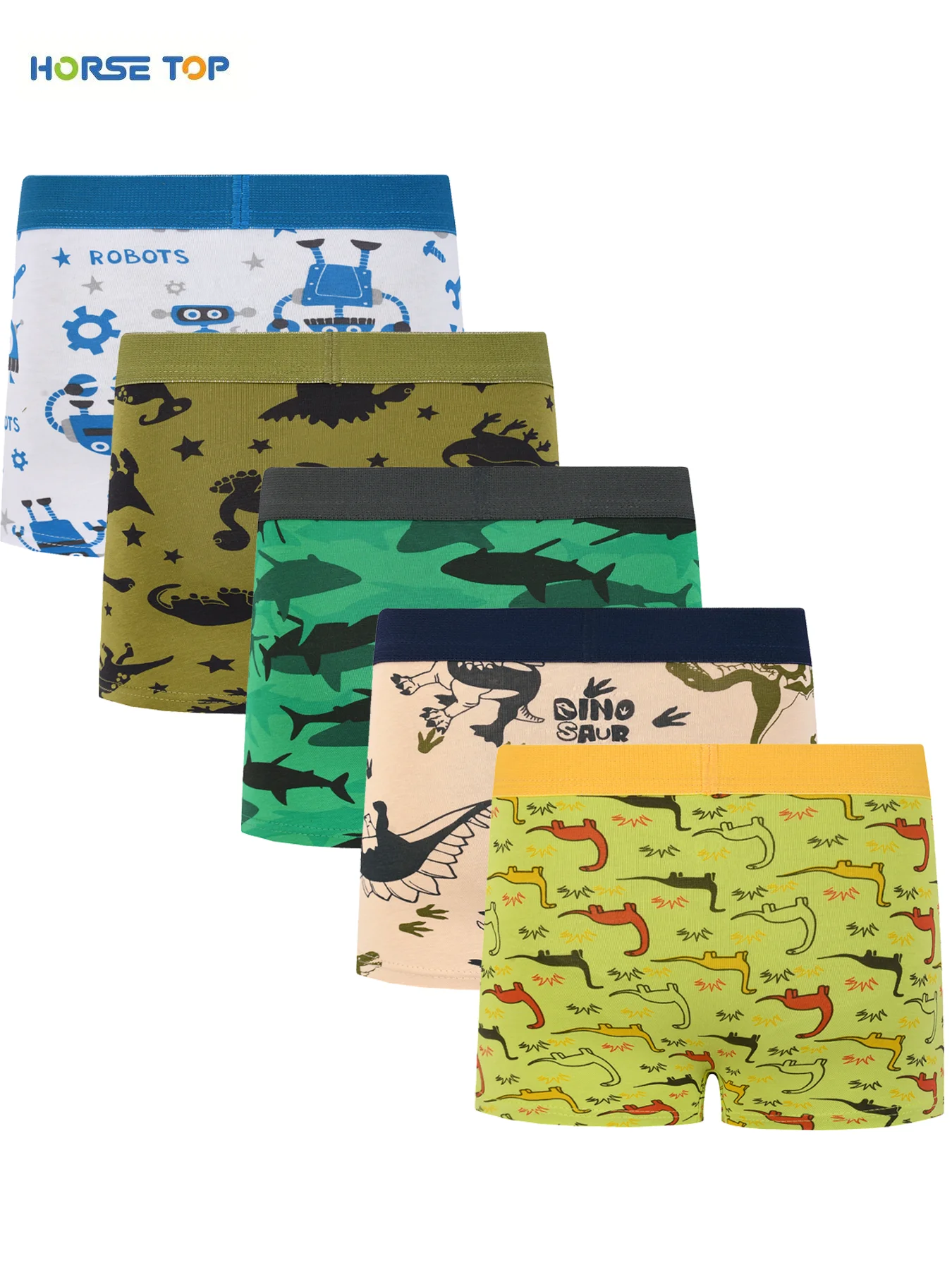 5Pcs skin-friendly boy's underwear, dinosaur robot shark printed children's boxer shorts, comfortable children's briefs.