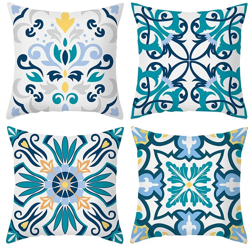 Exquisite Blue & Yellow pattern Double-sided Printed pillow cover Short plush Suitable living rooms bedrooms throw cushion cover