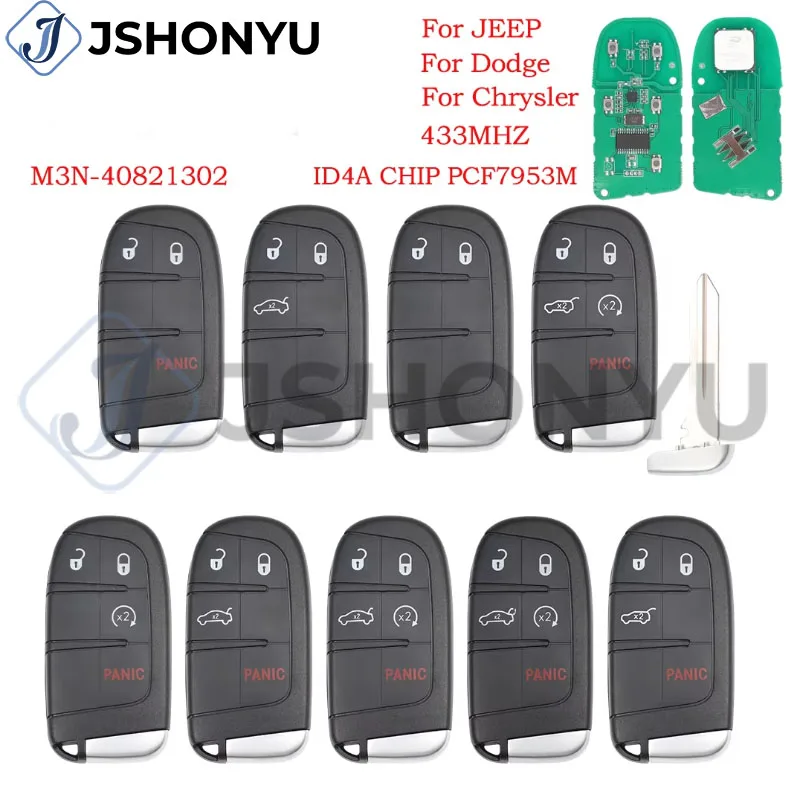 

JsHonYu M3M-40821302 4A PCF7953M 433MHz Smart Proximity Key for Chrysler 200 300 Dodge Charger Challenger 68155686AA Fob