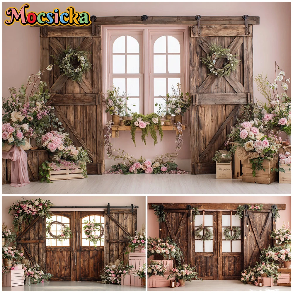 

Mocsicka Valentine's Day Backdrops Photography Love Pink Rose Wooden Door Decorations Women Girl Photo Backgrounds Studio Banner