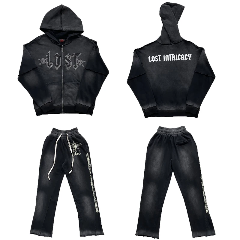 

Lav Zip up Hoodie with Diamond Embelliment And Long Pants Casual Sportswear Set for Young Men Autumn Season Long Sve