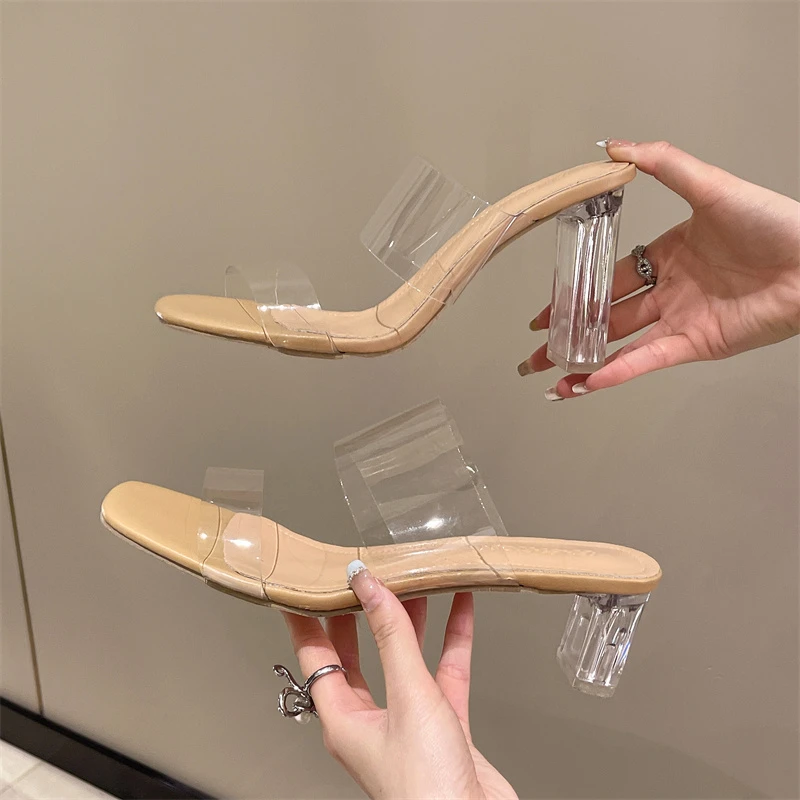 Summer Transparent High Heels Women Square Toe Sandals Woman Clear High Pumps Wedding Jelly Buty Damskie Shoes Heels Slippers