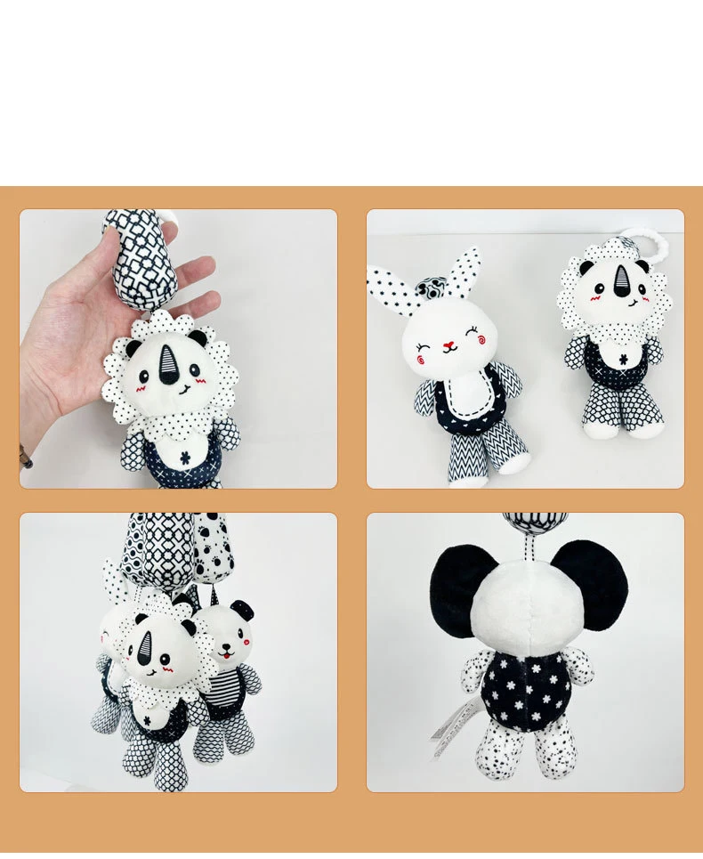 블랙 화이트 플러시 인형 아기 딸랑이 유모차 침대 걸이 벨 시각적 잡기 능력 훈련 장난감 신생아 선물 유아용