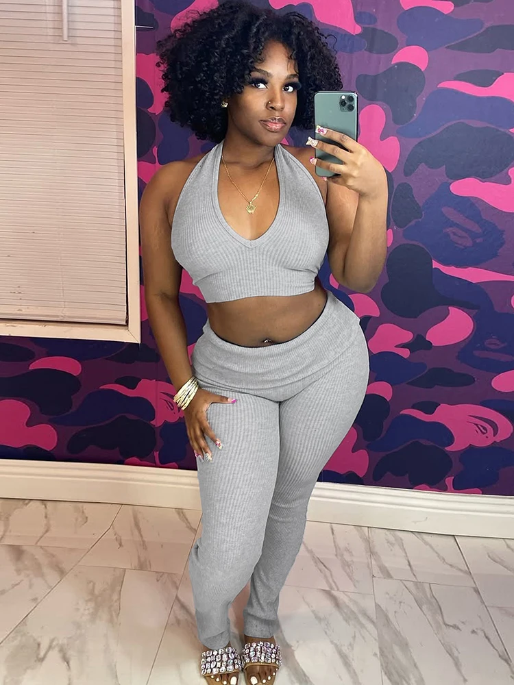 Leosoxs-Conjunto de 2 piezas acanalado para mujer, camisetas sin mangas informales con espalda descubierta y pantalones de solapa, ropa de calle informal elástica a juego