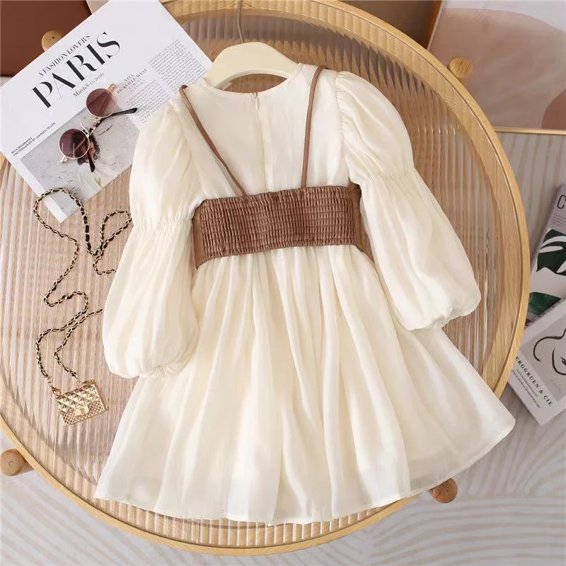 2024 Spring Autumn Baby Suits Girl Vest + Long Sleeve Dresses 2piece Kids Cute Princess Dress Children Chiffon Vestido 2 to10T