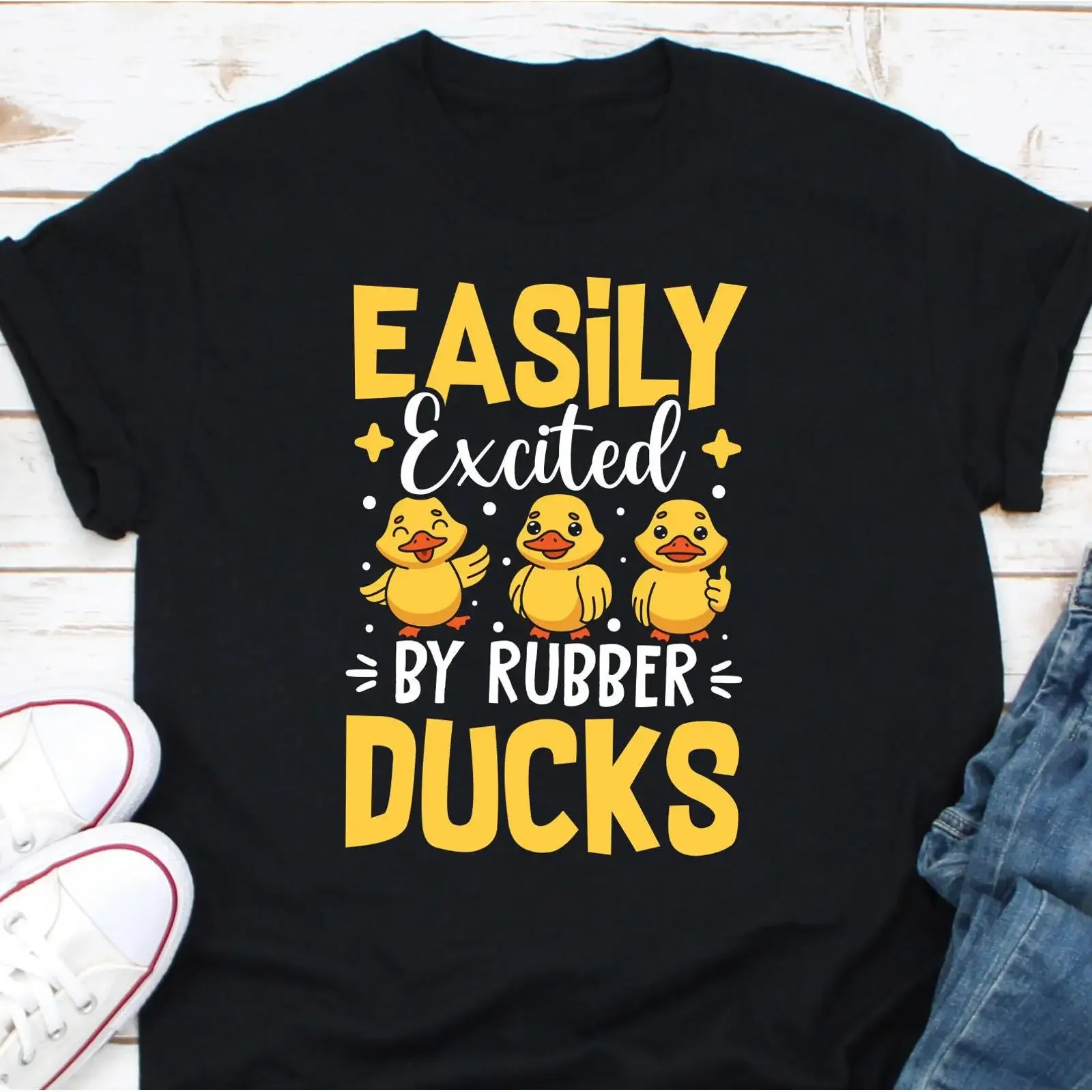 Easily Excited By Rubber Ducks T Shirt Cute Duck Lover Funny Animal Novelty For Enthusiasts Bath vintage Washed Stretched Soft
