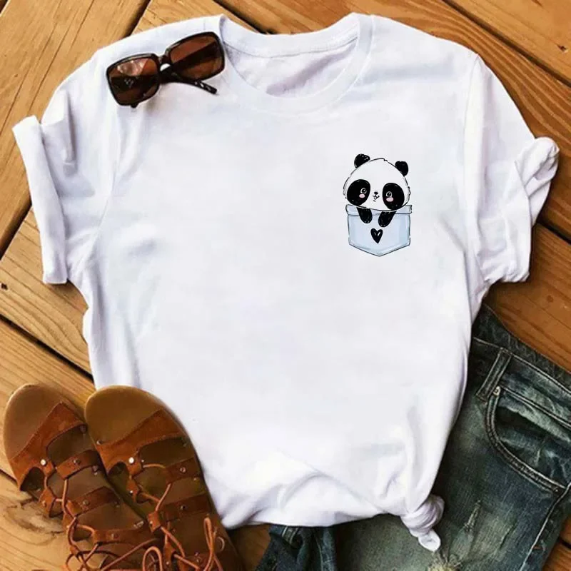 Women T Shirt Cartoon Panda Love Heart Print O-Neck T Shirt Female Summer Causal O-neck Short Sleeve Tops Tee