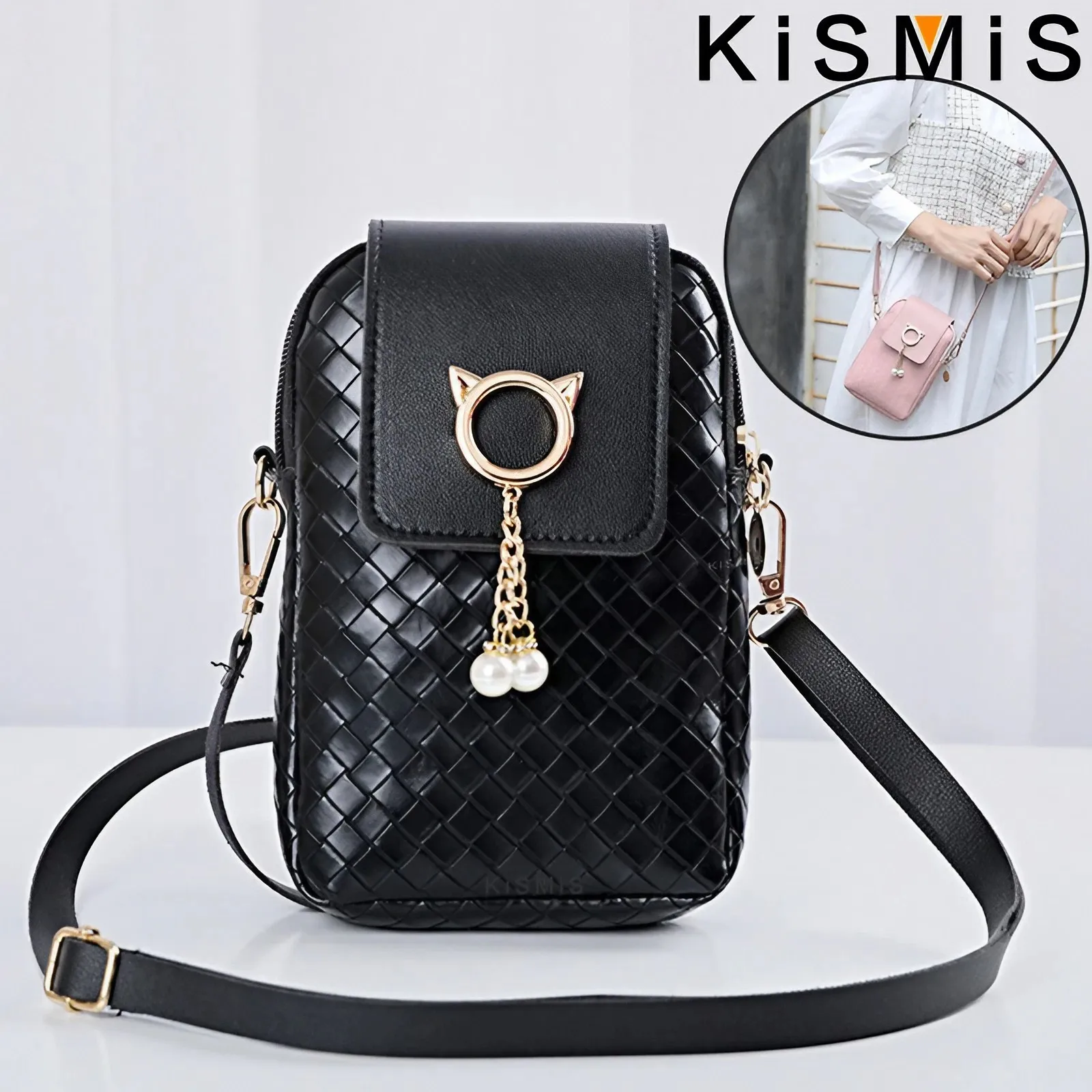 KISMIS Braided Pearl Tassel Mobile Phone Shoulder Bag - Fashionable Women's Messenger Bag