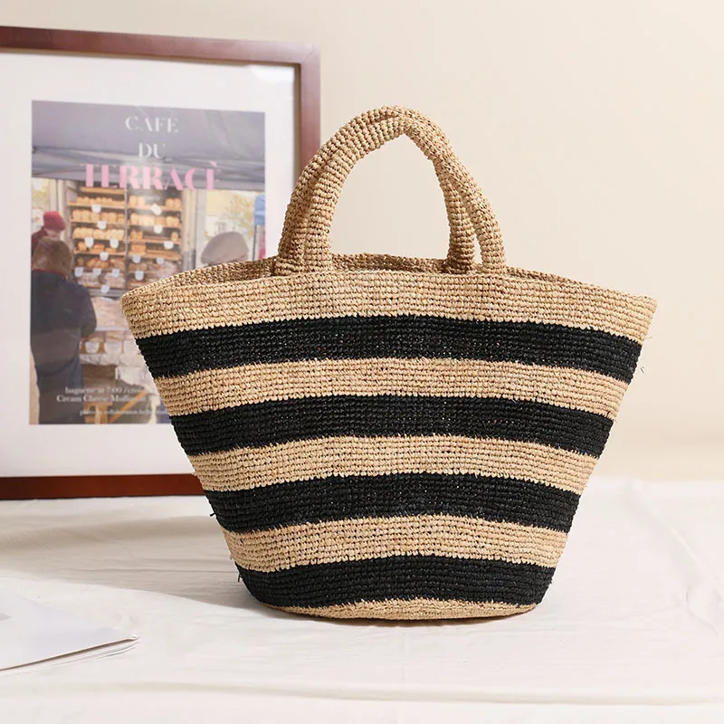 

Fashion Raffia Woven Striped Straw Bag Large Capacity Bohemian Knitting Tote Bag Summer Female Vacation Travel Beach Bag 2024