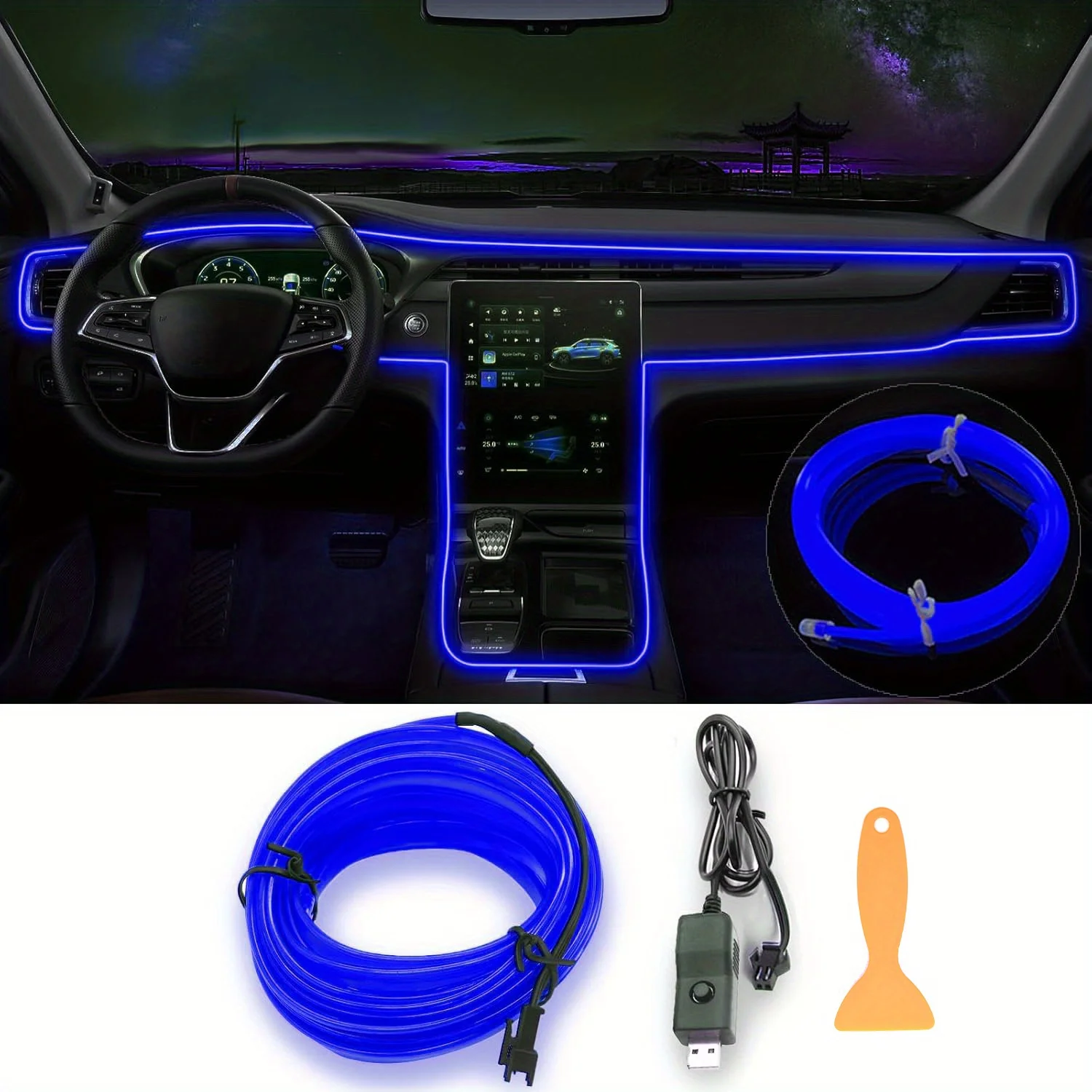 Car LED Strip Lights 196.85inch USB Neon Ambient Lighting Kit With Switch Noiseless For Interior Car Decorations