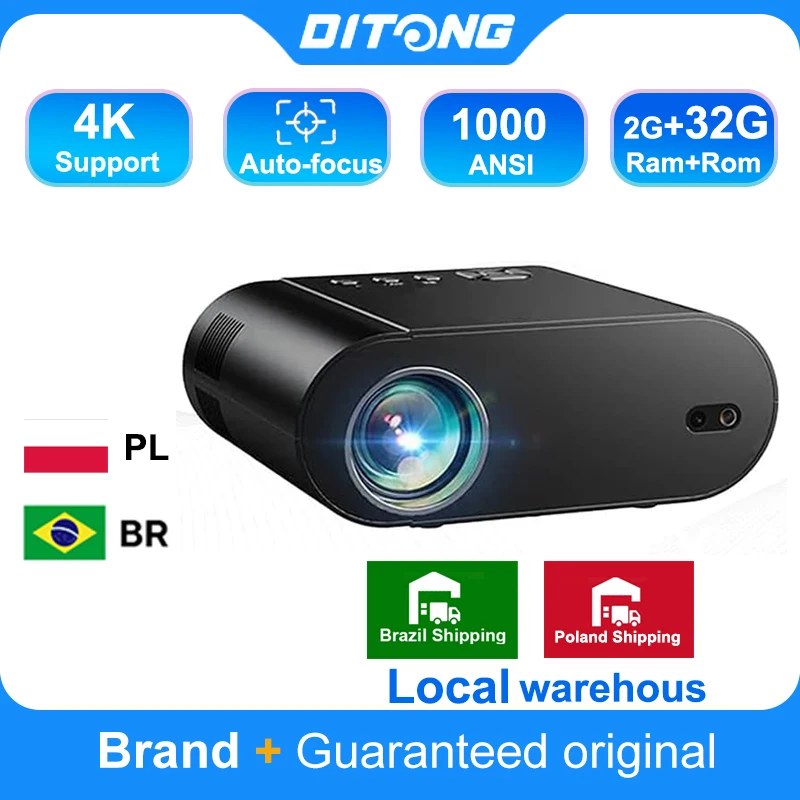 Projecteur DITONG 4K Android avec double WiFi 6 et Bluetooth, correction automatique de la distorsion trapézoïdale, mise au point automatique, home cinéma HD, projecteur natif 1080P