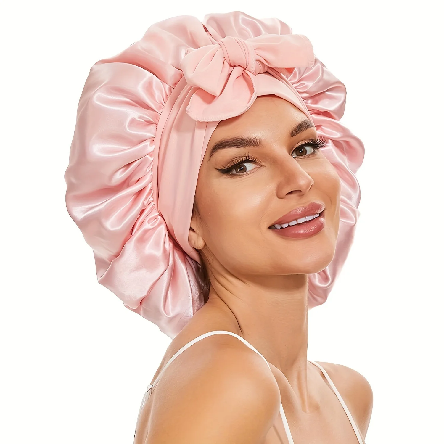 Women Satin Solid Sleeping Hat with Stretchy Tie Band Elastic Night Shower Cap Adjustable Hair Head Cover Bonnet turban