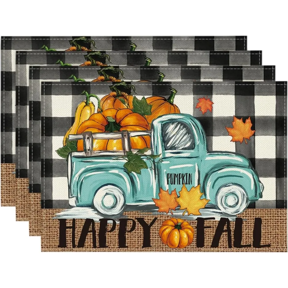Buffalo Plaid Truck Hello Fall Placemats Set Of 4, 12x18 Inch Seasonal Autumn Table Mats For Party Kitchen Dining Decoration