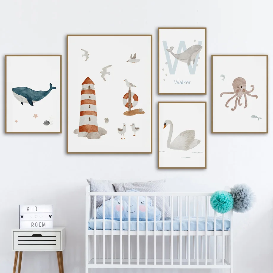 Custom Name Whale Octopus Turtle Swan Sea Animal Nursery Wall Art Canvas Painting Poster And Prints Picture Baby Kids Room Decor
