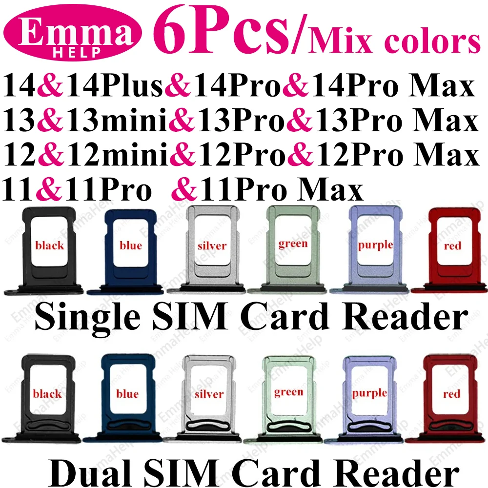 EmmaHelp 6pcs Single / Dual SIM Card Tray for iphone 11 11pro 12pro max 12 13 Pro Max 14 Plus SIM Card Holder 6 Color Mixes