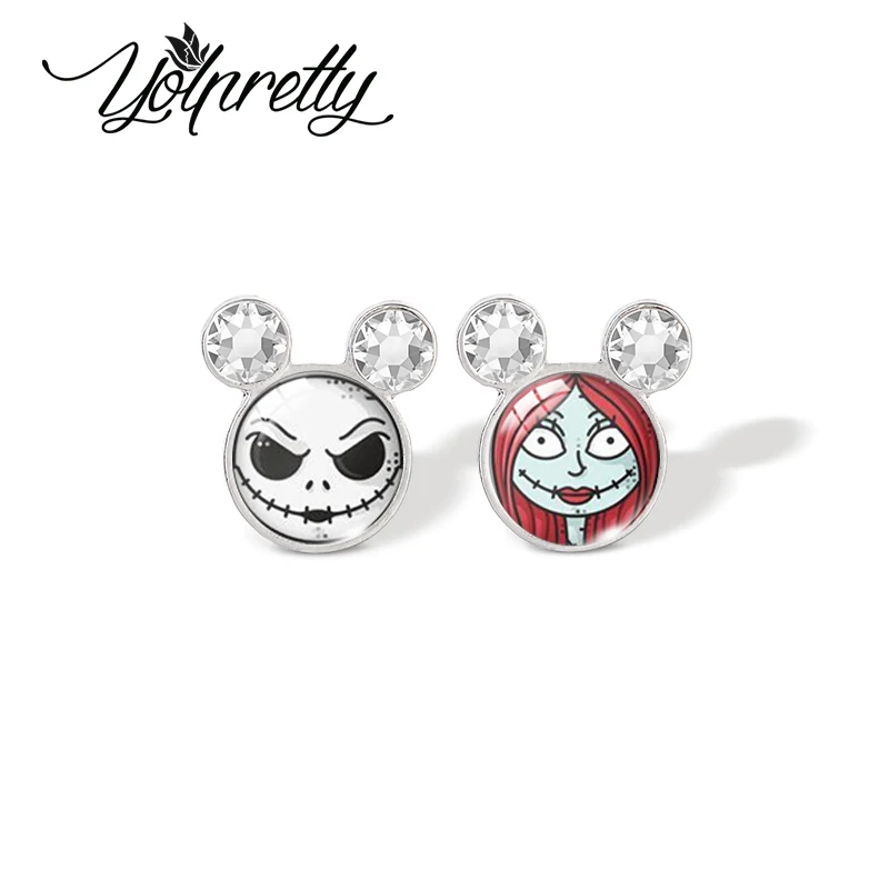 Pendientes de tuerca con diseño de cristal Jack Sally de Disney, pesadilla antes de Navidad, pendientes de cabujón de cristal, joyería de moda para mujer