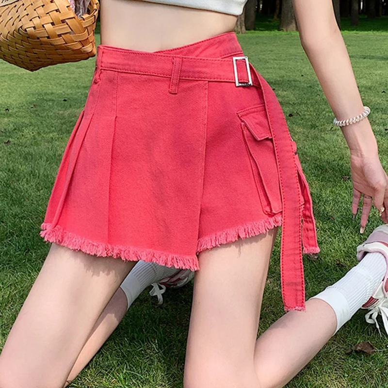 Solid color  denim shorts for female students, new summer high waisted slim irregular design, A-line skirt pants trendy