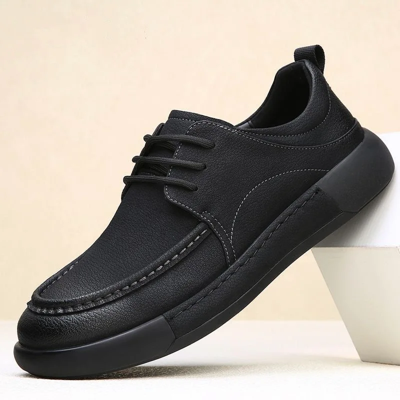 

New Shoes for Men Leather Casual Shoes Concise Flat Skateboard Shoes Youth Cool Lace-up Sneaker