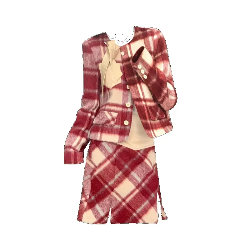 2 Set Ropa Mujer Y2k E-Girl 90s Sweet O Neck Vintage Chic Fashion Women Cardigan + Plaid All Match Split Skirts Autumn