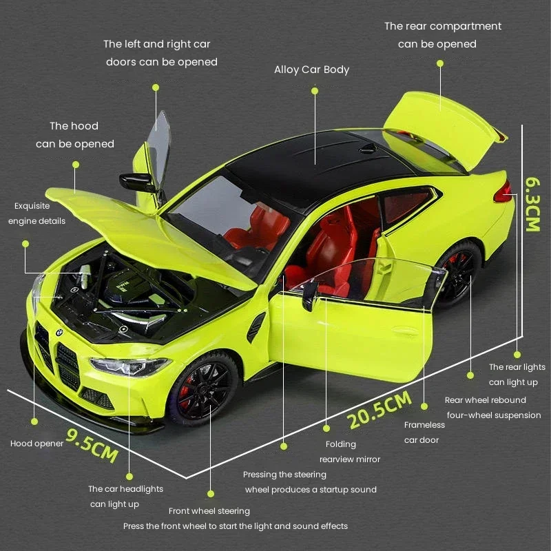 1:24 BMW M4 IM Legering Sportwagen Diecast Metaal Schaal Auto Model Geluid Licht Simulatie Collectie Kinderen Speelgoed Voertuig Gift