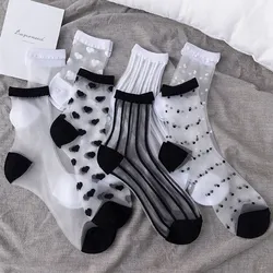 New Summer Woman Socks Sexy Lace Mesh Fishnet Crystal Silk Socks Fashion Black White Ultra-thin Transparent Harajuku Crew Socks