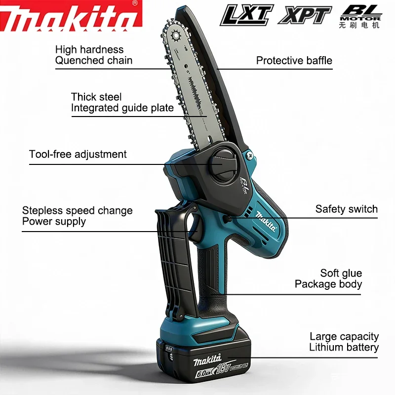 

Makita Woodworking Small Handheld 18V Cordless Safe Lock Chainsaw for Electric 6-inch Logging Sawzall Mini Portable Chainsaw