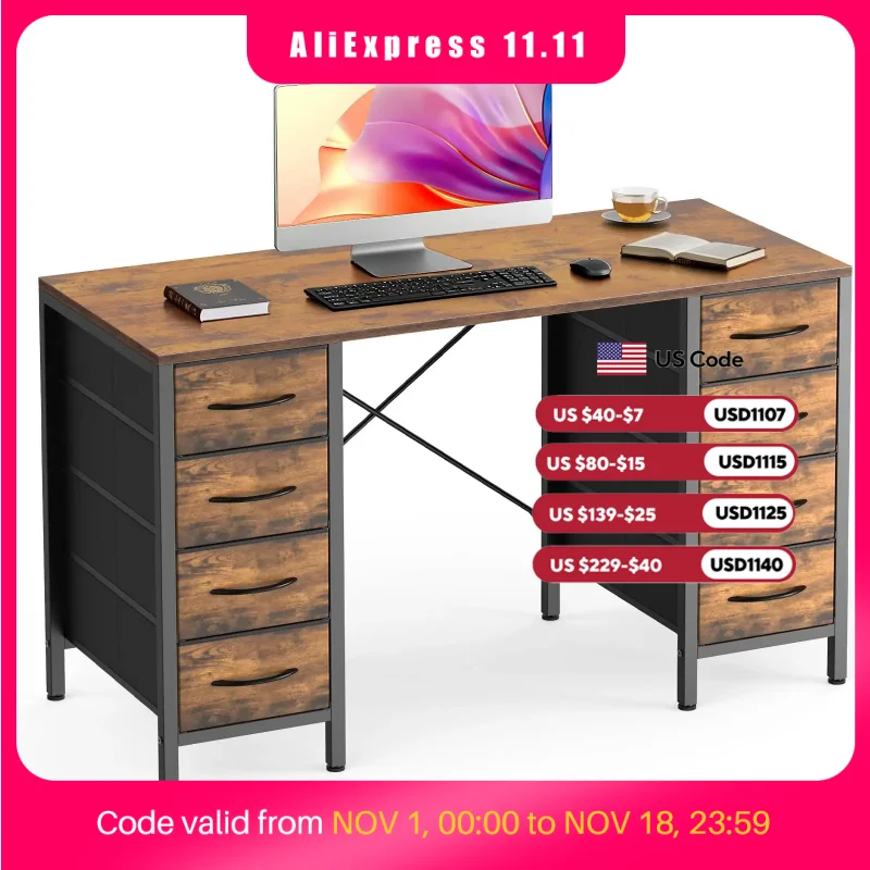 JHK 47 Inch Computer Desk with 8 Fabric Drawers Office Gaming Desk Writing Study Table with X-Shaped Reinforced Structure