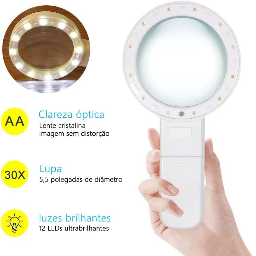 30X Handheld Magnifier 12 LED Illuminated Magnifying Glass with Light for Seniors Reading Inspection Coins Jewelry Watch Repair