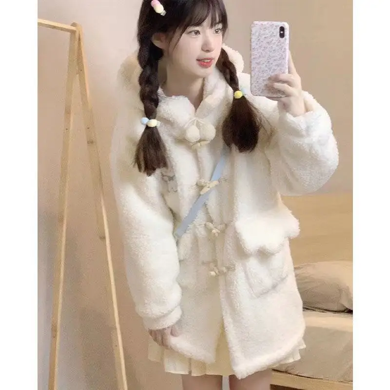 Coalfell Lamb Fleece Coat Women's Winter New Student Cute Style Sweet and Versatile Hoodie with Thick Fleece Cotton Coat