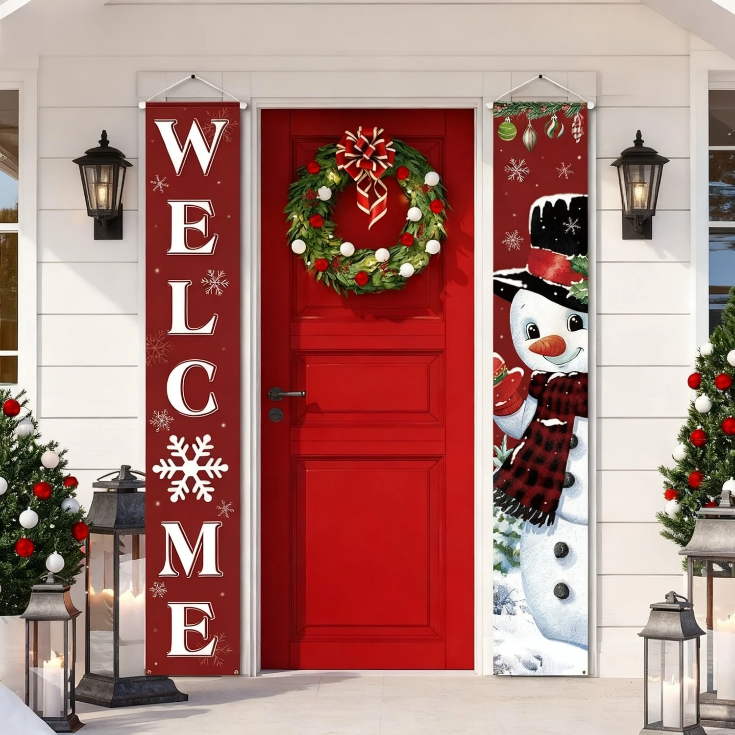 

1 Pair Christmas Door Hanging Ornaments for Front Porch Winter Snowman Welcome Banner Durable Polyester 1x6ft, for Porch Decor