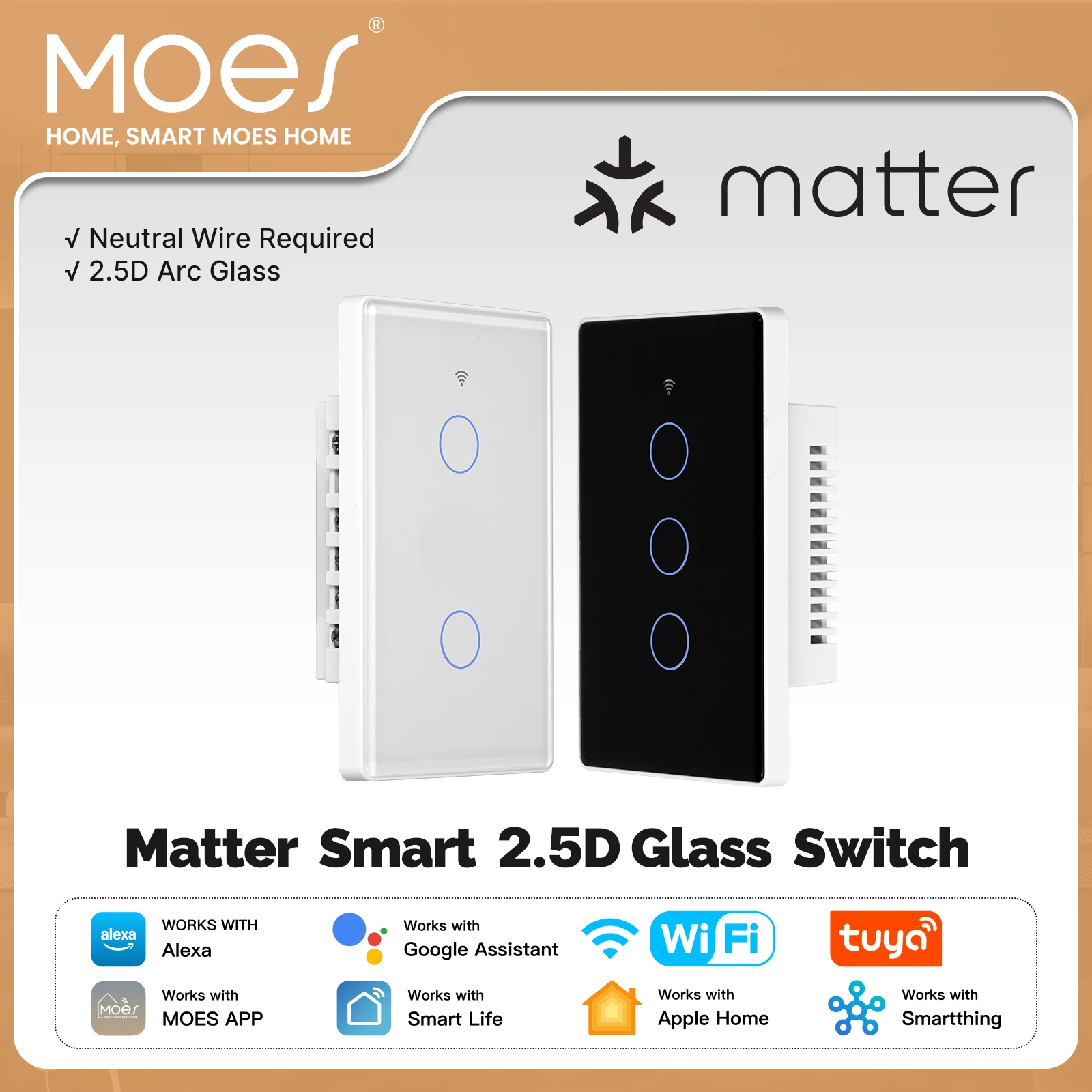 

MOES Tuya Matter Wi-Fi Smart Light Switch 2.5D Версия для США Нейтральная требуется Работает с Alexa Google Home Apple HomeKit SmartThings