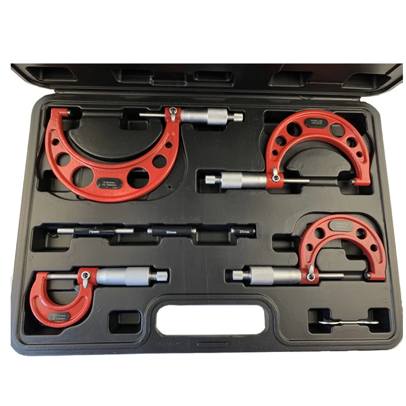 0-25mm-50mm-75mm-100mm Outside Micrometer Set with Standards Ratchet Stop 0-100mm Range 0.01mm Graduation (4 Piece Set)