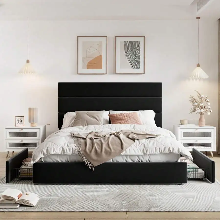 Full/Queen/King Size Platform Bed Frame With 4 Storage Drawers And Velvet Upholstered Headboard, Wooden Slats Support, Upholstered Mattress Foundation/No Box Spring Needed/Easy Assembly, Black