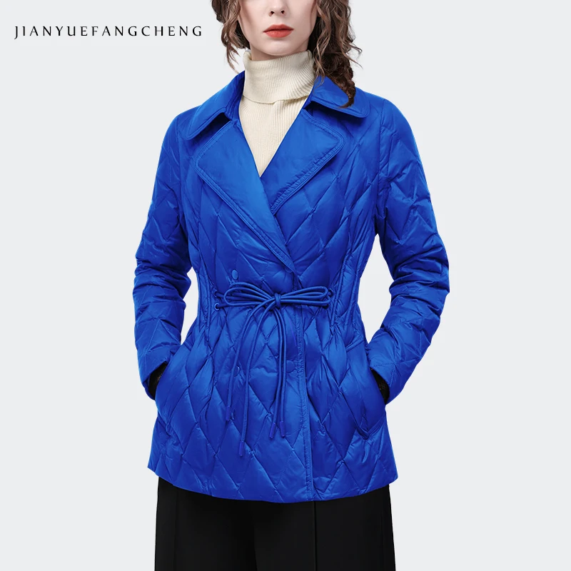 Mid-Length Women Winter Down Jacket Elegant Suit Collar Cinch Waist Tops Warm Lightweight Rhombus White Duck Down Puffer Coat