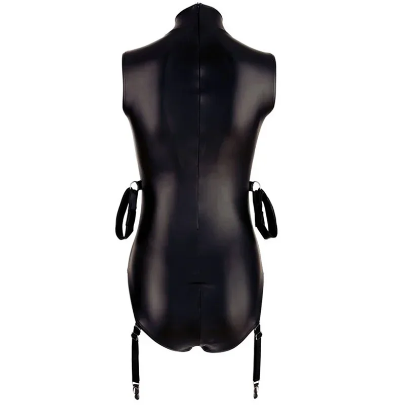 Bodysuit de couro sintético com cinto para mulheres, macacão de couro erótico, bondage BDSM, macacão sexy, collants justas, moldador do corpo