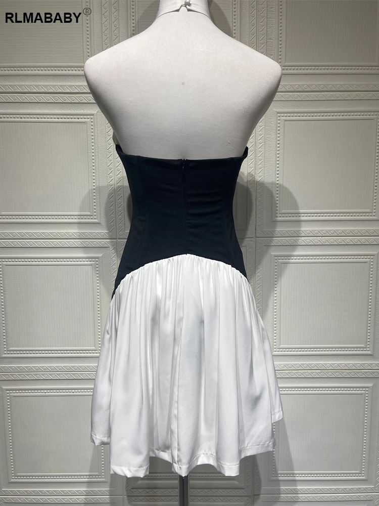 RLMABABY Sexy Backless Black White Spliced Women Bodycon Mini Dress Women Gown Deep V Neck Halter High Waist Party Short Dress
