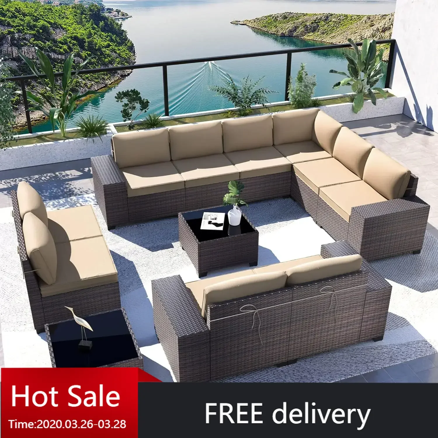 12PCS Outdoor Patio Furniture Set PE Wicker Rattan Sectional Sofa Patio Conversation Sets,Sand