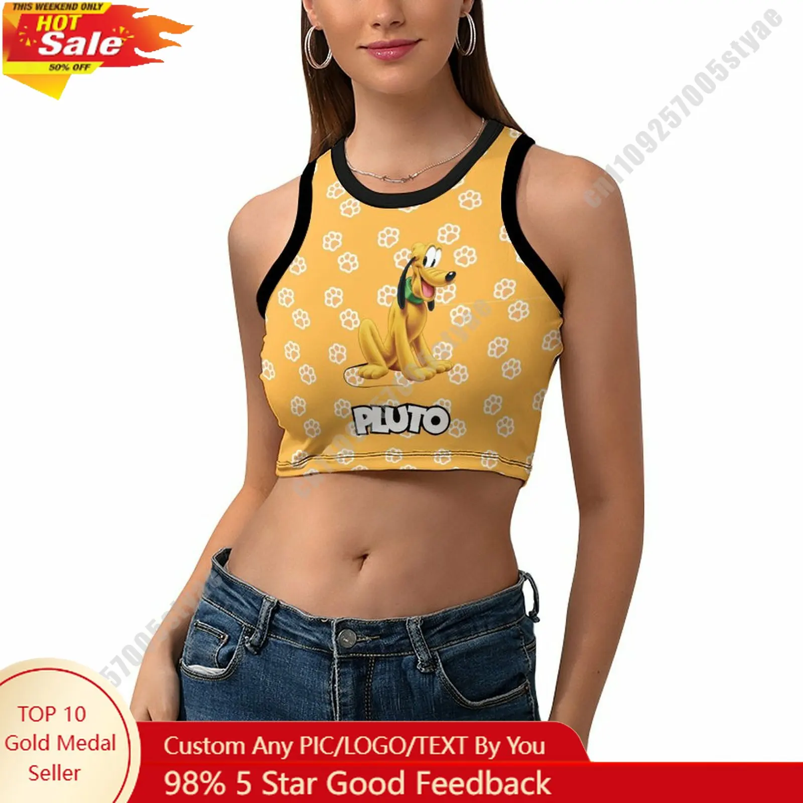

Pluto Vest Disney Pattern Custom Photo Text Crop Tank Racerback Vest Personalized Graphic Sleeveless Crop Top