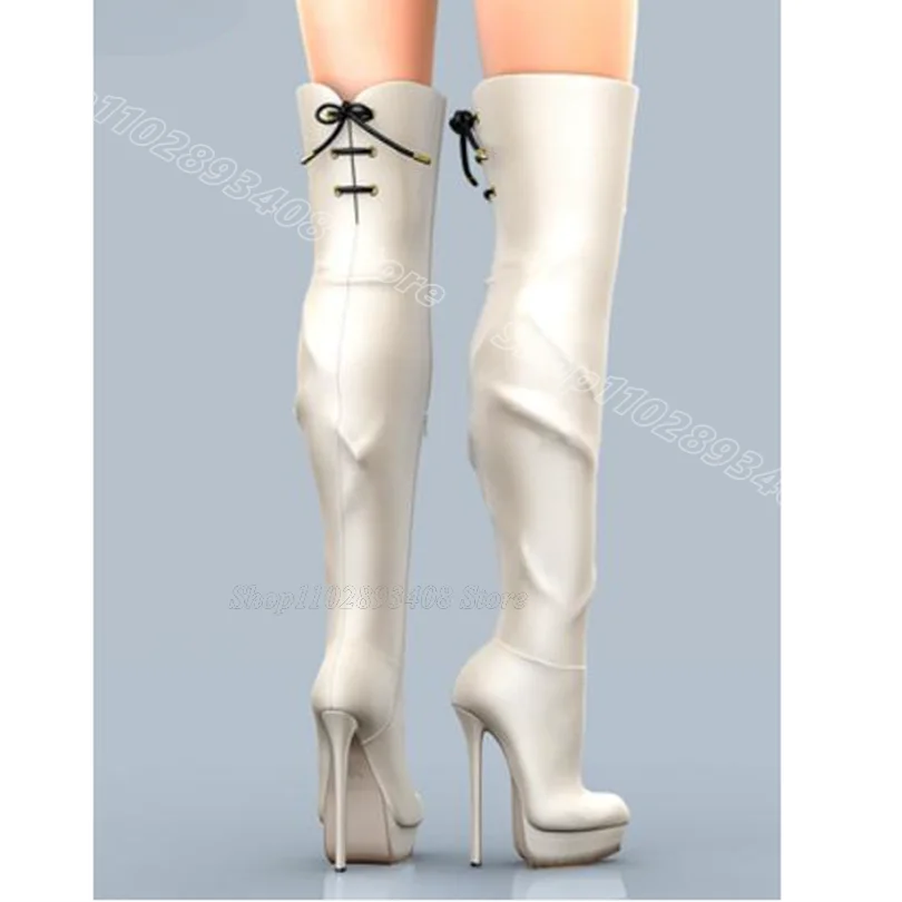 

White Platform Over Knee Boots Stiletto Heels Solid Lace up British Style Party Spring Women Fashion Boots Zapatos Para Mujere