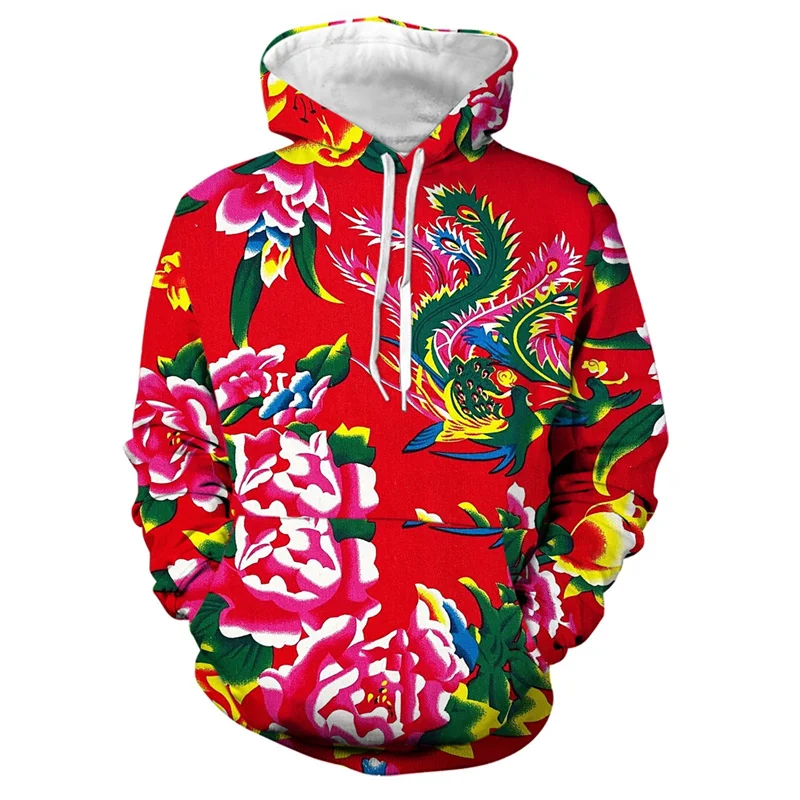 Men\'s 3d Print Floral Hooded Sweatshirt Chinese DongBei Style Flowers Graphic Hoodie Long Sleeves Pullovers Tops Women Clothes