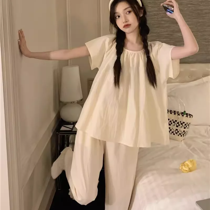 

Summer Pure Cotton Spwear Women's ort Sve Long Pants Two-Piece Set Cute Korean Sle Home Clothes Sweet Sle