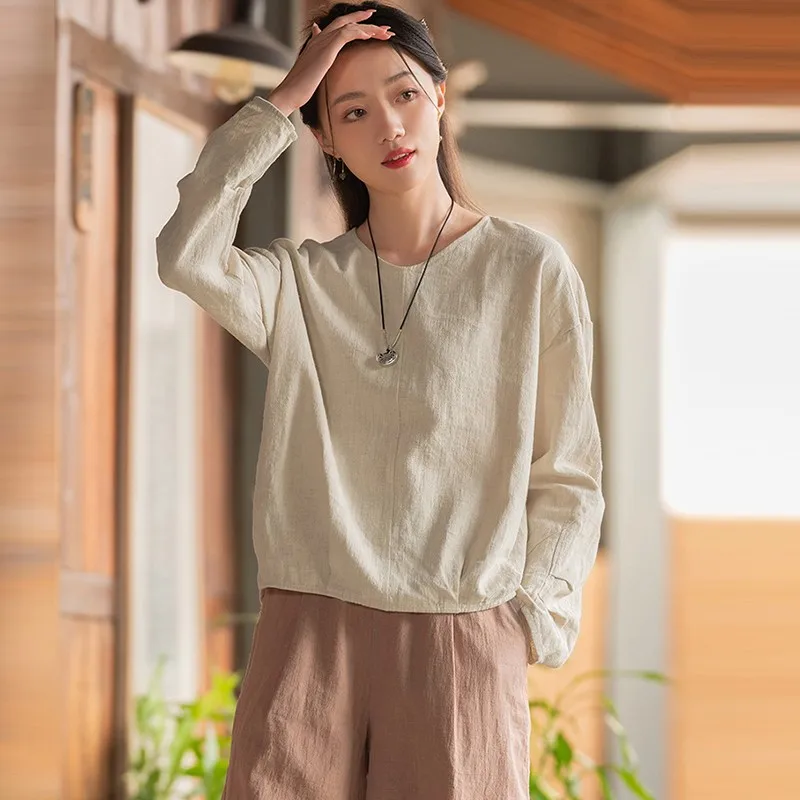 

Women Long Sleeve Cotton Linen T-shirt New Arrival 2024 Autumn Vintage Style V-neck Solid Color Female Basics Tops Tees T184