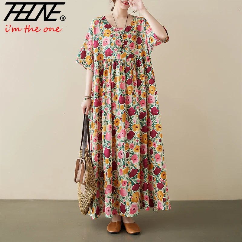 THHONE Dress Women Casual Cotton Linen Loose Bohemian Vestidos Robe Print Maxi Ladies Long Dresses Vintage Oversized Floral